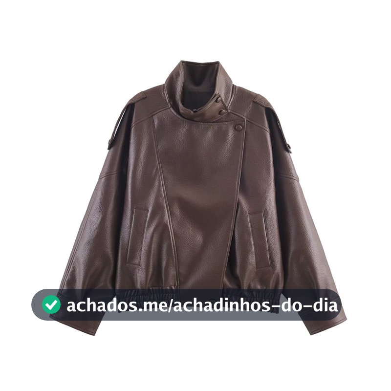 Jaqueta De Couro Estilo Motocicleta Vintage Feminina Gola Zíper Curta Solta Casaco De Motociclista