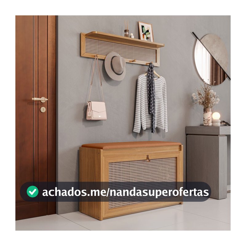 Kit Sapateira e Cabideiro Plenitude Plus Com Prateleira e Porta Basculante Com Detalhe em Rattan