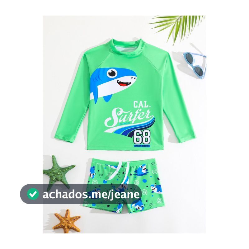 RWX VEST Conjunto de Praia Infantil Masculino Camisa de Manga Longa e Short com Estampa de Tubarão - I3096