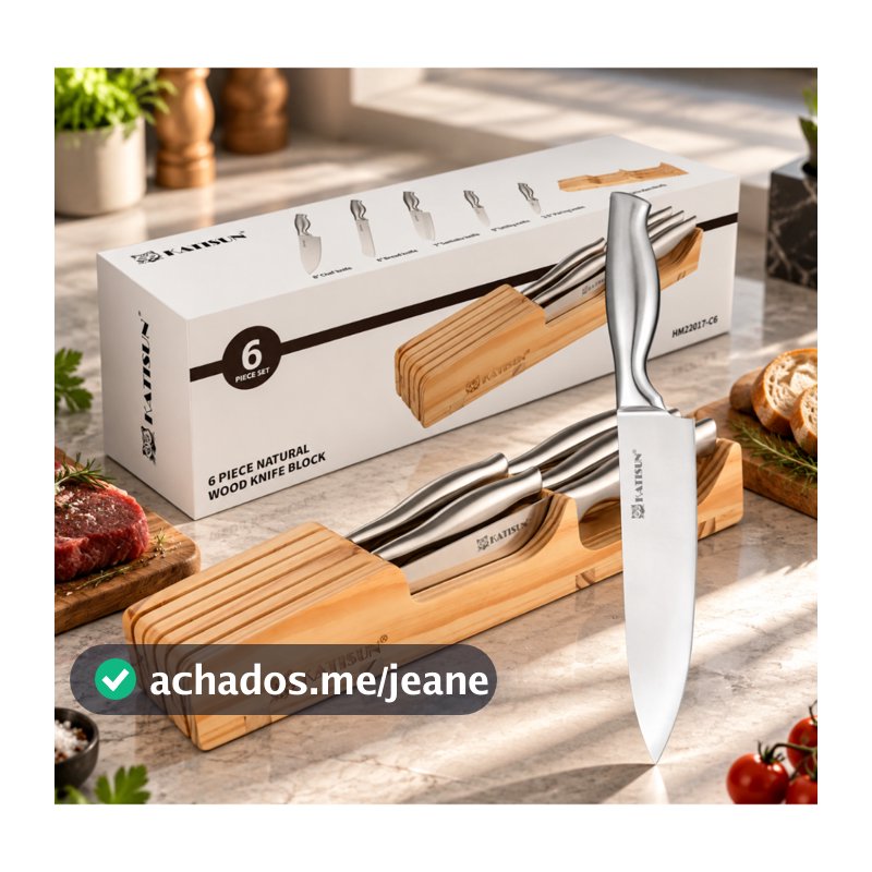 Jogo de Facas 6 Pcs de Cozinha Aço Inoxidável com Caixa de madeira para guardar facas Portátil