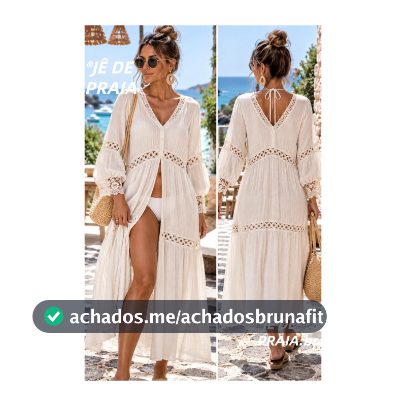 Saída de Praia Feminina Longa com Renda Decote V Costa Atrasada Vestido Cover Up para Viagem Praia Boho Manga Balão