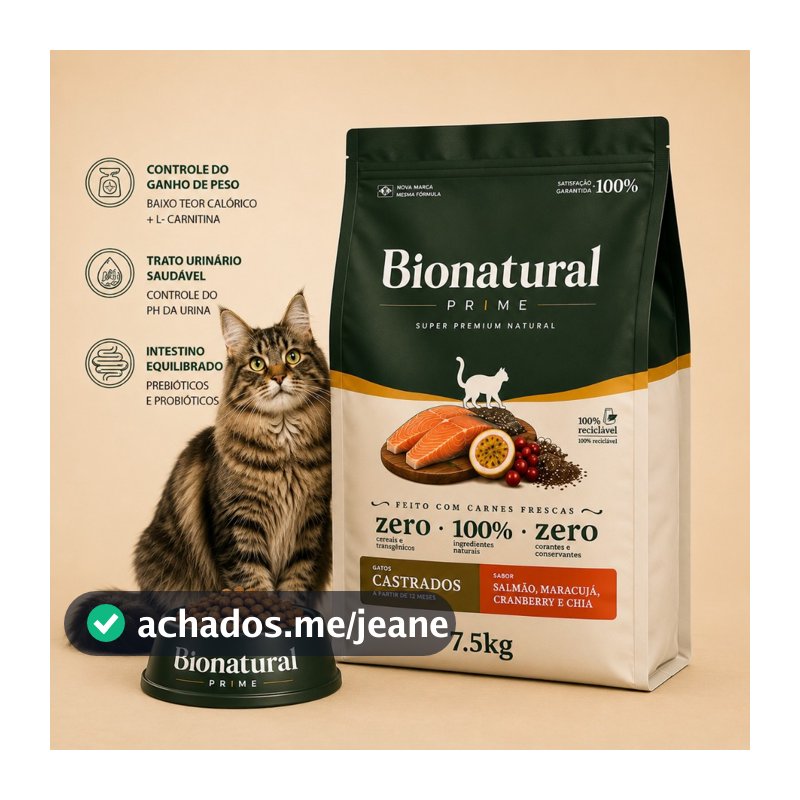Ração Bionatural Prime Super Premium Gatos Castrados 7.5kg Salmao Envio Imediato