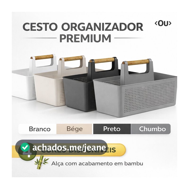 Cesto Organizador Multiuso 8L Flow Com Alça Bambu Lavanderia Limpeza Armário Cozinha Plástico