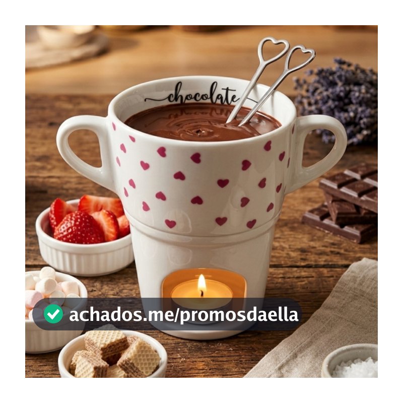 Caneca Fondue 250ml Porcelana Decorada Alça Chocolate Queijo Sobremesa Mesa Posta Presente Natal