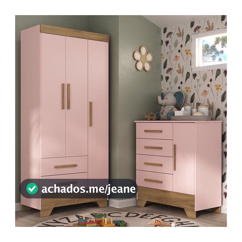 Quarto Infantil Completo Guarda Roupa 3 Portas 2 Gavetas com Cômoda Selene Espresso Móveis Rosa/Fosco/Nature Rosa