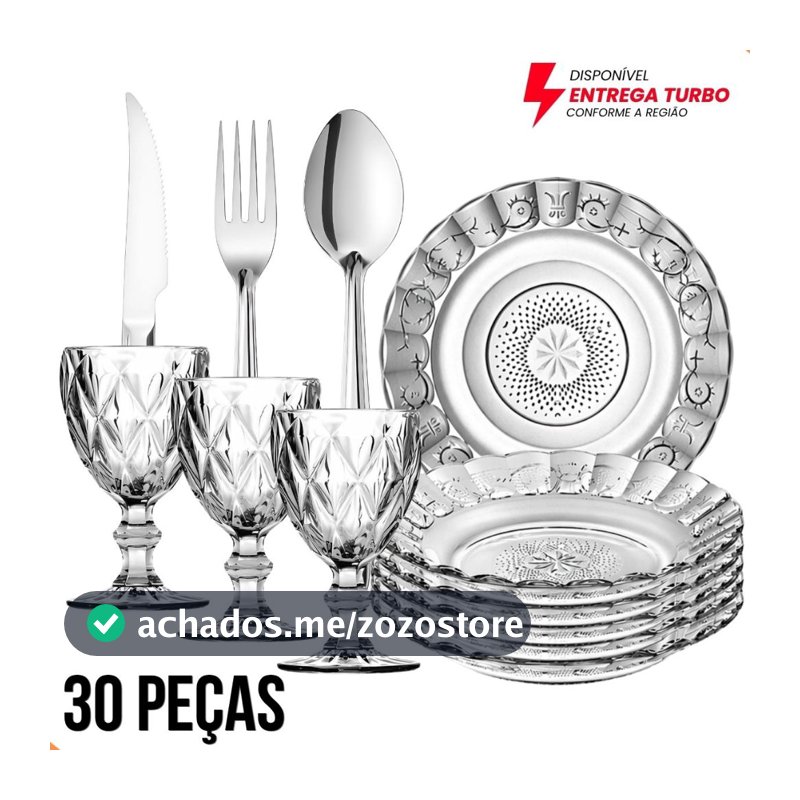Aparelho de Jantar 30 Peças - 6 Pratos  + 6 Taças 340ml + 18 Talheres Inox