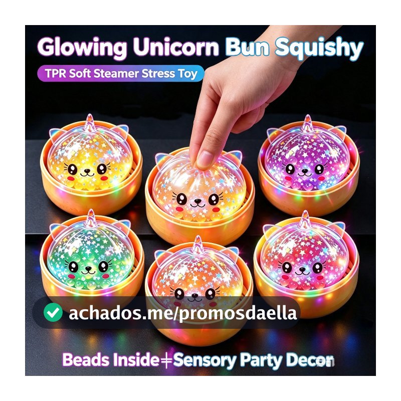 LED Glitter Estrela Grânulo Unicórnio Bun Brinquedo Mole Completo Com Simulação Cesta De Vapor Bonito Brilhante Decoraçã