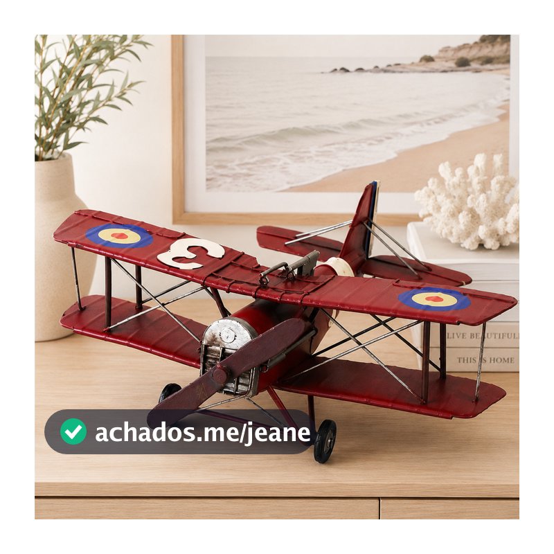 Avião Decorativo Vintage em Metal Vermelho – Miniatura Biplano Retrô