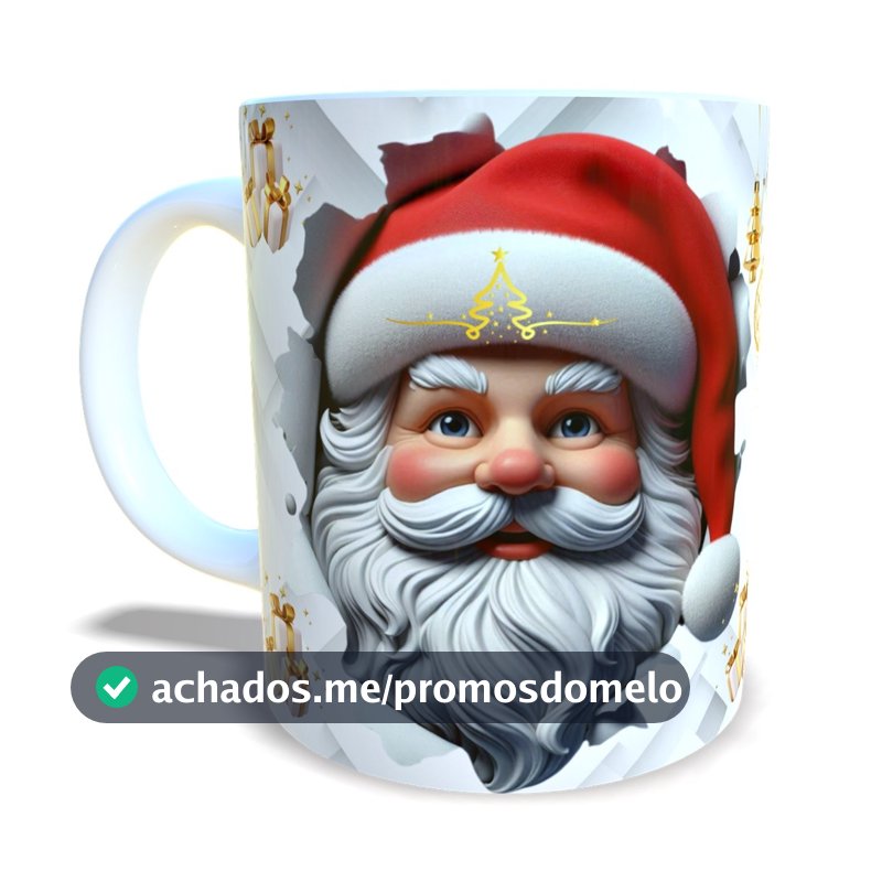 Caneca de Porcelana Decorada Feliz Natal Detalhe Dourado Papai Noel 325ml Café Chá Leite