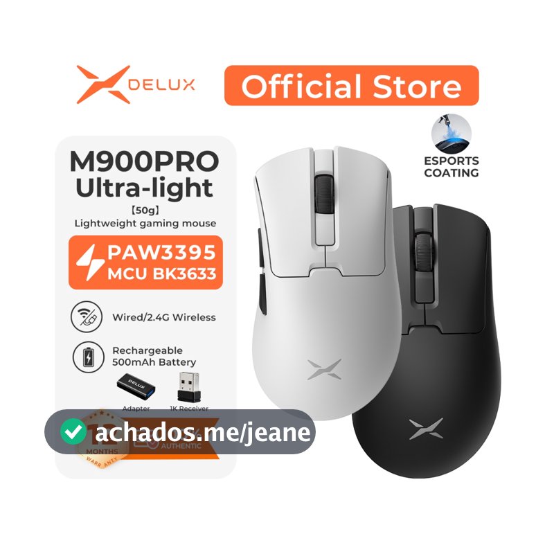 DELUX M900 Pro Ultra-Light 50g Mouse Gamer Sem Fio 8K – PAW3395, BK3633, Ice Coating, 500mAh