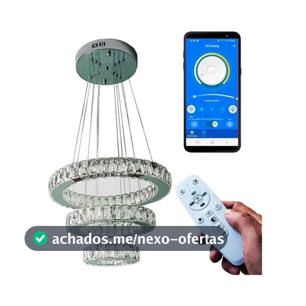 Lustre Pendente Cristal Led 3 Anéis Controle Remoto Aplicativo Bluetooth
