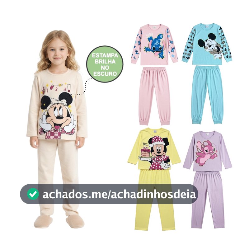 Pijama Que Brilha no Escuro Personagens Manga Longa Menina Infantil Minnie Stitch Marie Inverno