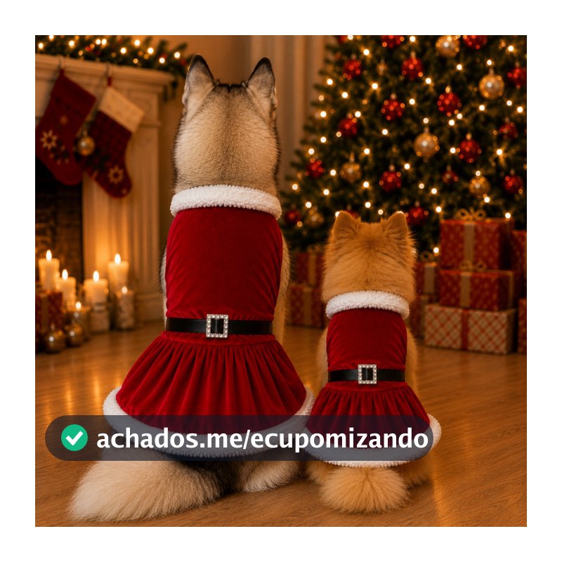 Vestido Natalino Pet Mamãe Noel Cachorro Pequeno Grande com Pelúcia Cinto Roupa de Natal Cães