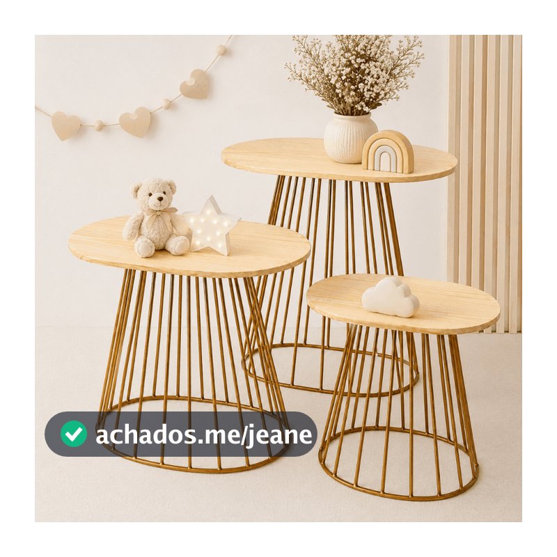 Kit 3 Trio Mesas Redonda Ripada Oval Cone com Tampo Madeira Desmontável Festa Aniversário Casamento Pinus Cru