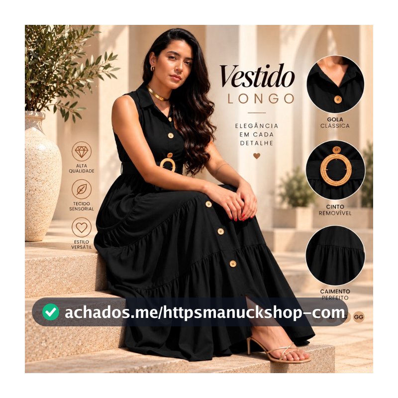 Vestido Longo Feminino Sensorial Marrant com Lastex Cinto e Botões Elegante