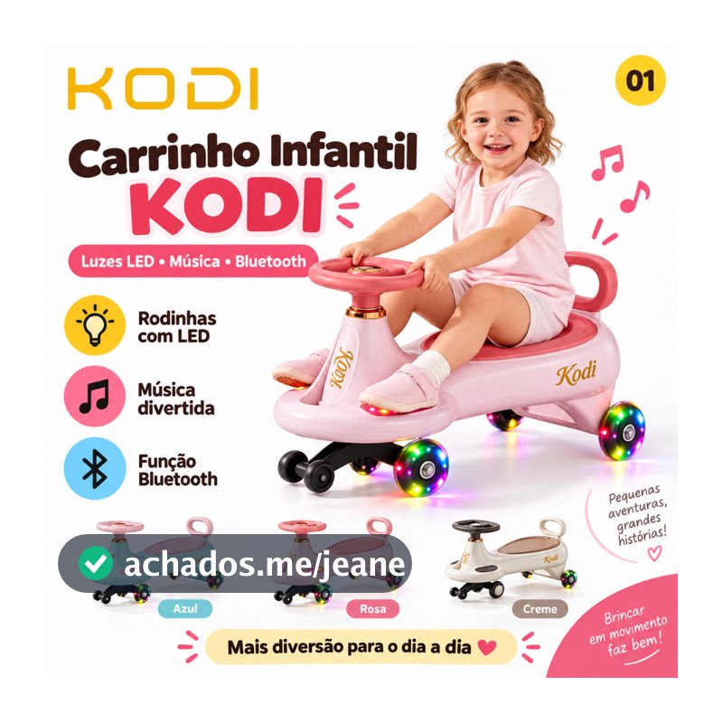 Carrinho Infantil KODI com Luz LED e Música Bluetooth | Carro de Passeio para Crianças