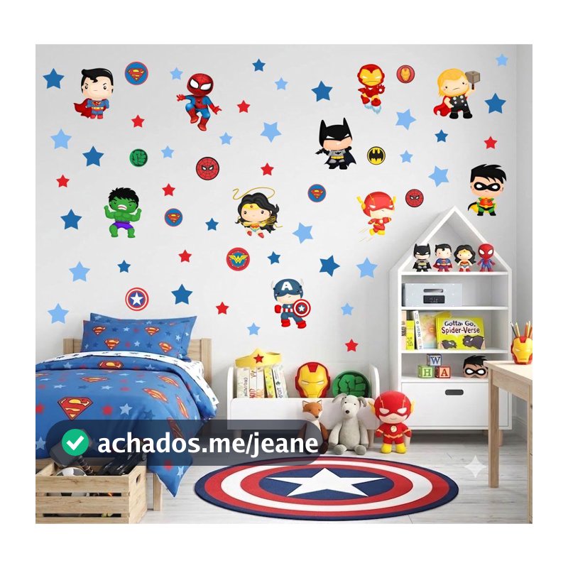 Adesivo de Parede Heróis Cute + Estrelas - Papel de Parede Infantil - Adesivo de Parede Infantil Heróis Baby