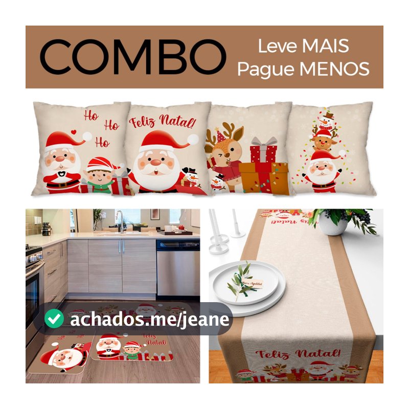 Combo Feliz Natal: Kit com 4 Capas para Almofadas + Kit com 3 Tapetes para Cozinha + Trilho de Mesa 01