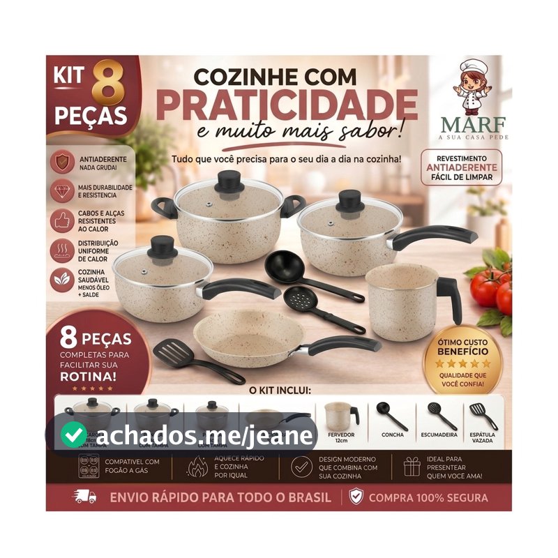 Kit de Panelas MARF 8 Peças Antiaderente Teflon Premium 5 Camadas com Tampa de Vidro + Talheres