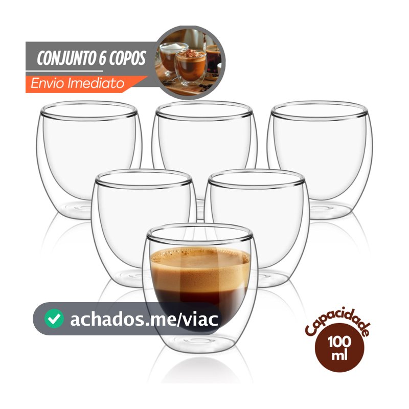 Kit 6 Copos Parede Dupla de Vidro 100 ml Copo de  Café Chá Suco Copo Duplo Isolante Térmico