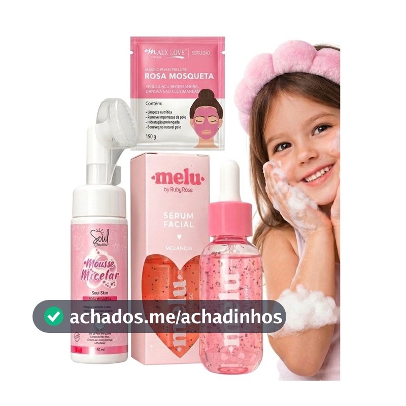 Kit Skincare feminino Melu Melancia + Mousse Micelar + Máscara Facial Rosa Mosqueta Spa Day Menina