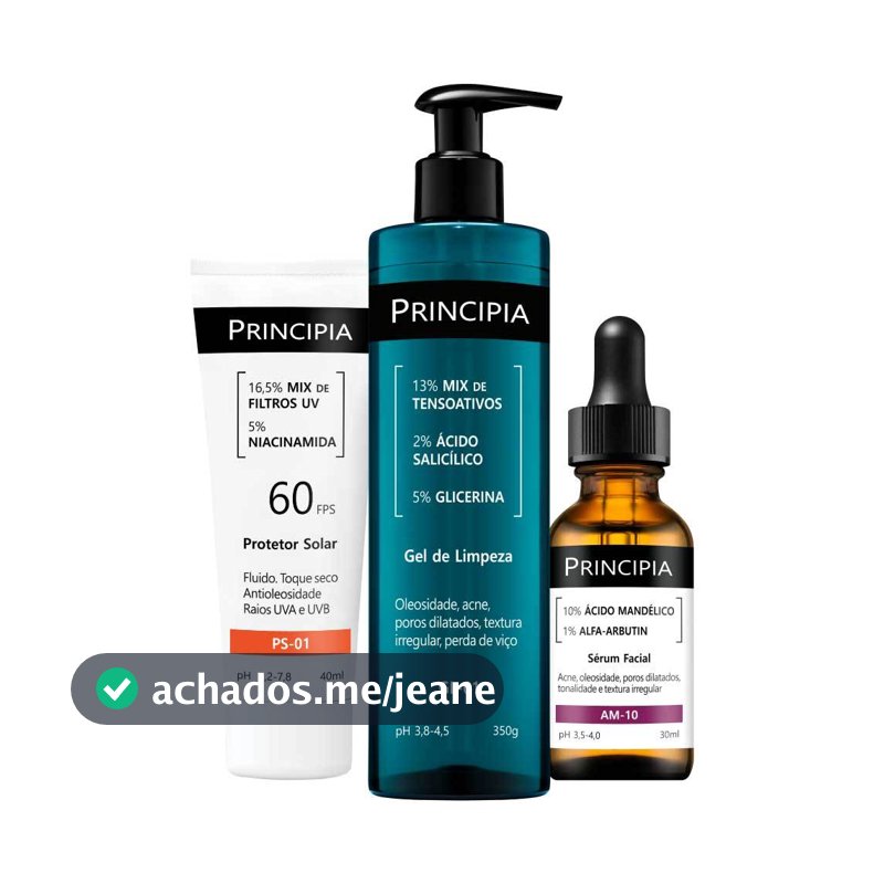 Principia Kit Limpeza e Proteção Anti-Manchas c/ Gel de Limpeza GL-01 + Sérum Mandélico AM-10 + Protetor Solar PS-01