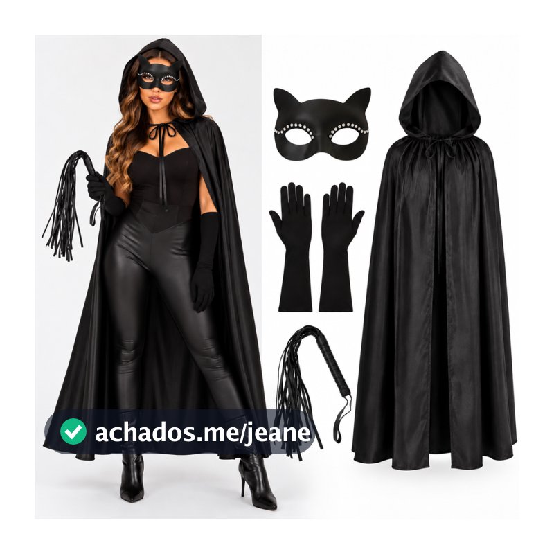 Kit Fantasia Feminina Gata Máscara Luvas Capa Halloween