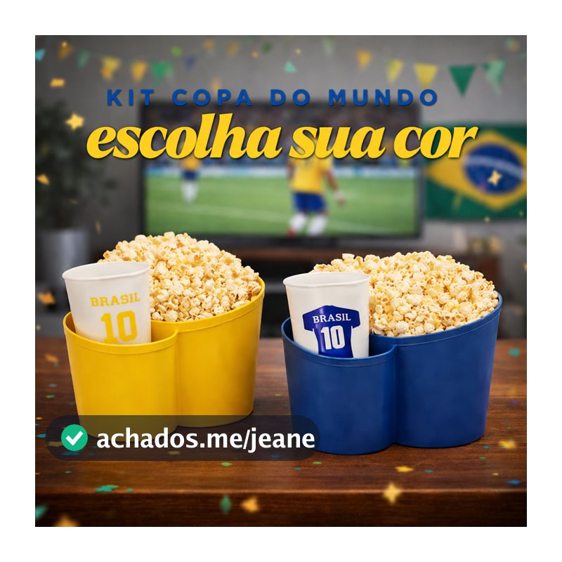Kit 10 Pipoqueiras + 10 Copos Temático Brasil Copa do Mundo Azul ou Amarelo Amigos Baldes Pipoca In