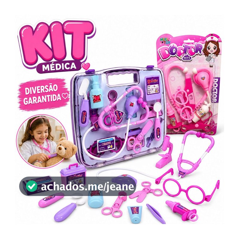 Kit Médica Maleta, Infantil, Educativo, Divertido, Brinquedo Menina, Mini Doutora, Rosa 14 Peças