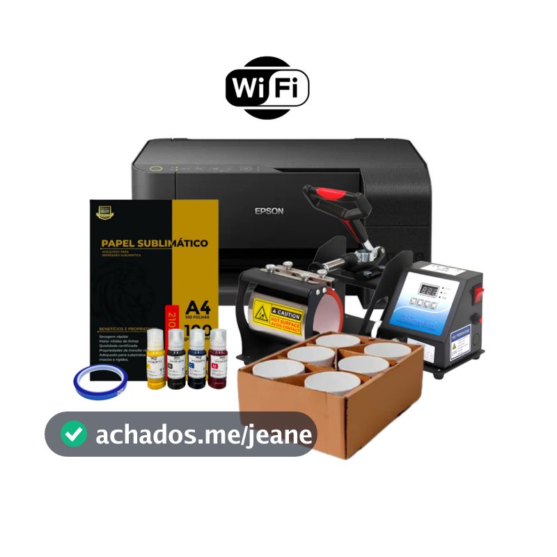 Kit Sublimação de Caneca Prensa de Caneca + Impressora Wi-fi + Tintas Sublimática + Papel + Fita + 6 Canecas