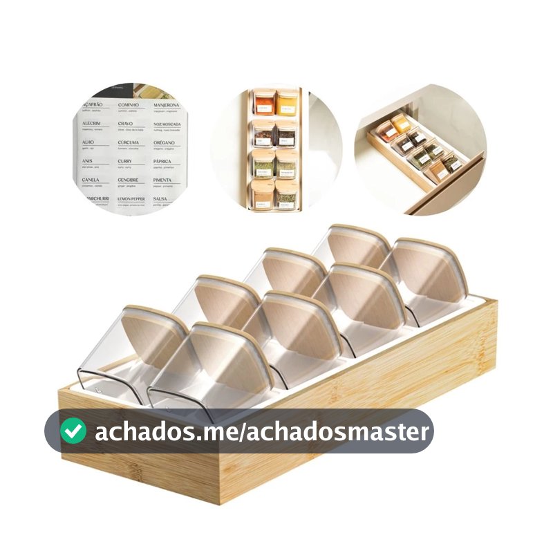 Organizador de Temperos Porta Condimentos Hermético Bambu Gaveta 24 Adesivos 8 Potes Cozinha