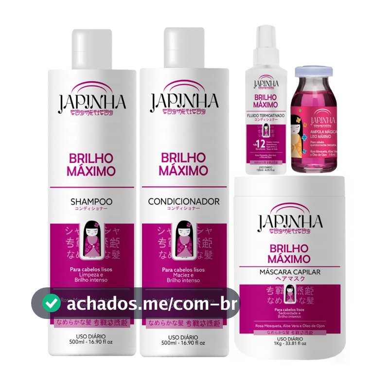 Kit Japinha Brilho Máximo Completo - Shampoo + Cond + Máscara + Protetor Térmico + Ampola Mágica