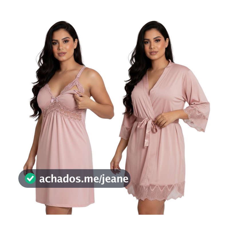 Kit Camisola Amamentação Pós Parto Com Robe de Romantic e Renda Vestido Maternidade Gestante