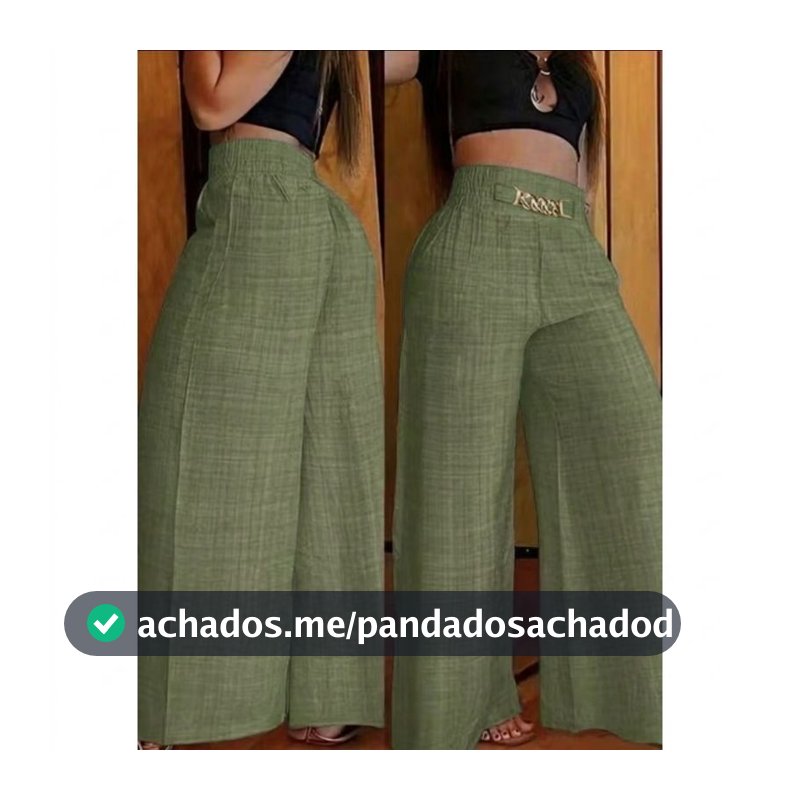 Calça Pantalona De Linho Com Cinto Fake e Cintura Alta e Bolsos