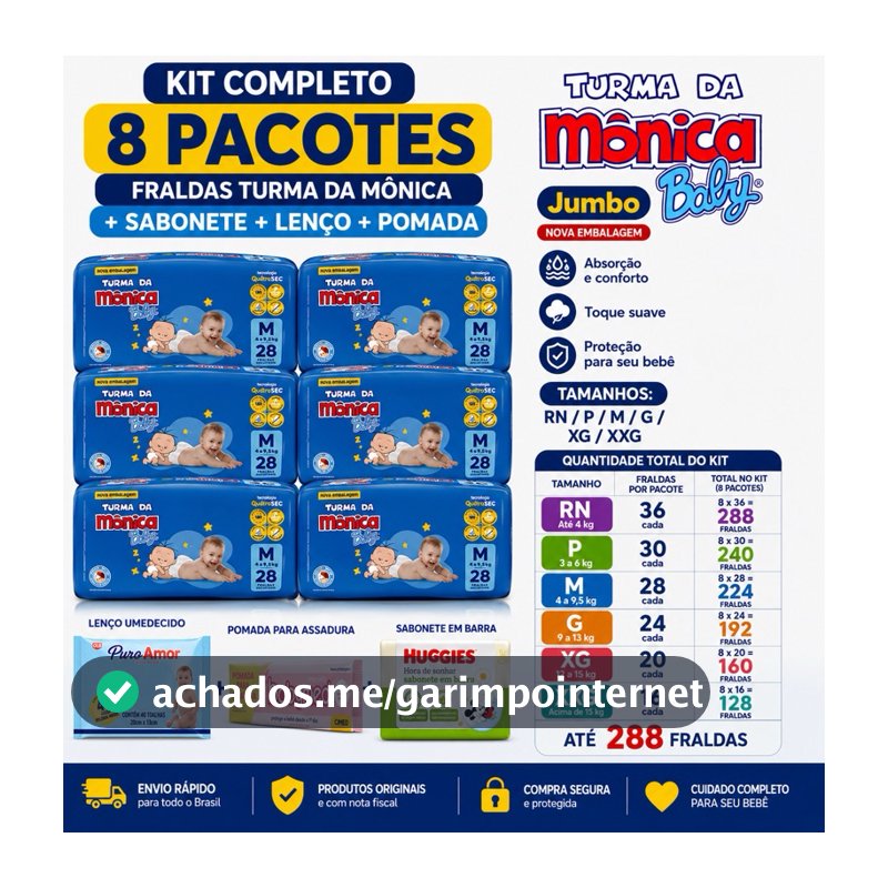 Kit 8 Pacotes Frauda Fralda Descartáveis Chá Turma Da Mônica + Lenço Umedecido + Sabonete