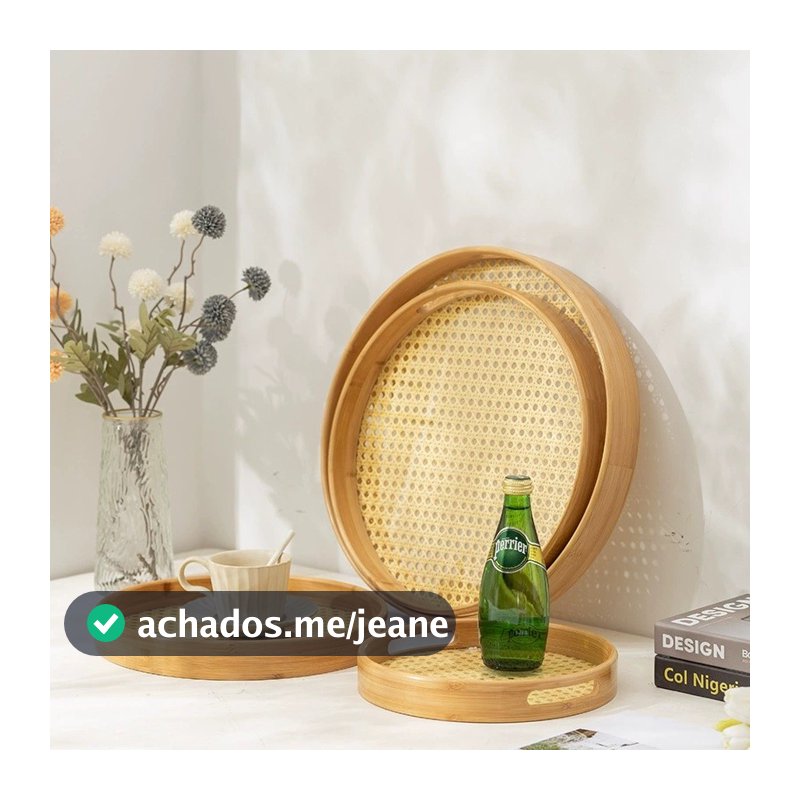 Bandeja de Bambu Redonda Japonesa para Xícaras, Talheres, Frutas e Vinho