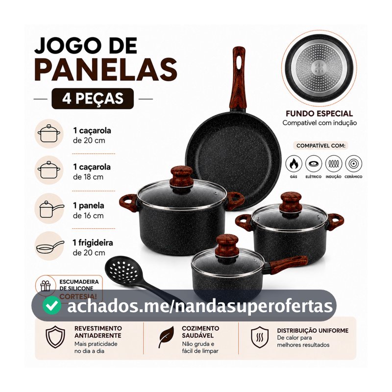 Jogo de Panelas 4 Peças Cerâmica Indução Antiaderente Presente Casamento Mãe Cortesia Escumadeira
