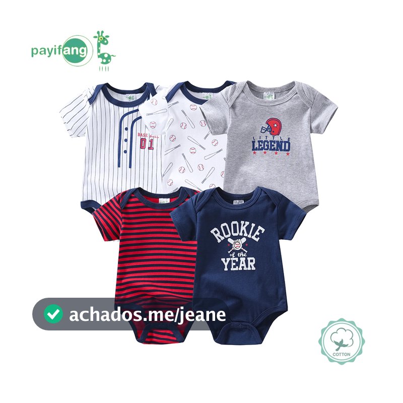 Kit 5 Pecas Body Bebe Manga Curta Algodao Suedine Meninos e meninas Verao 100% Algodão-uniforme de beisebol