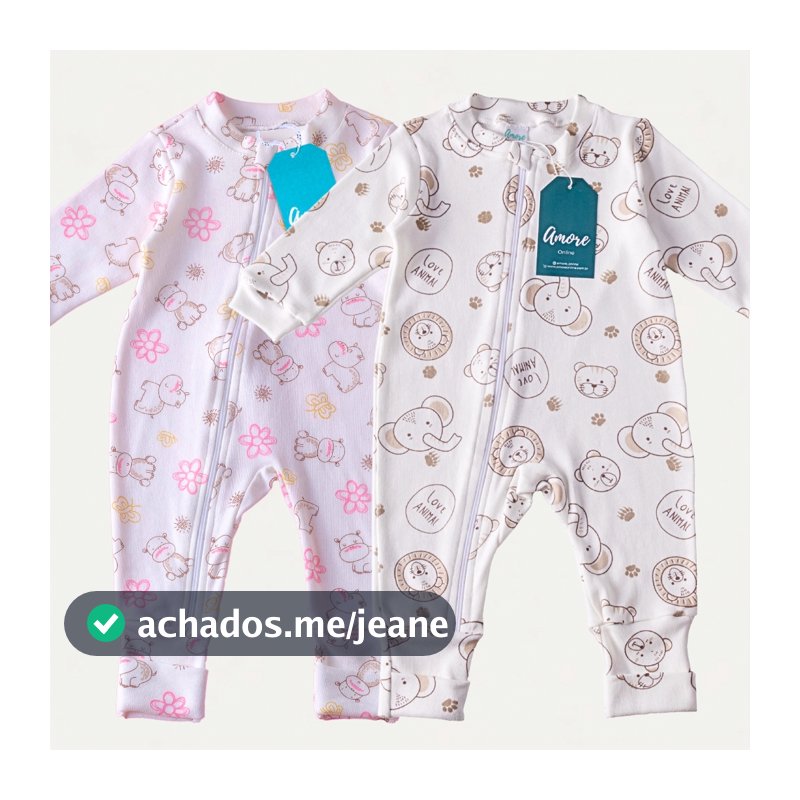 Roupa Bebê Macacão Amore Vira Pé Estampado com Zíper Menina Menino Confortável 100% Algodão