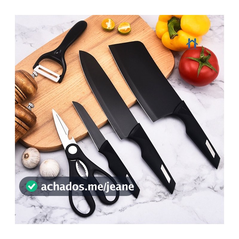 Kit Jogo De Faca Com 5 Peças Inox De Cozinha Com Descascador E Tesoura Colorido HH UTILIDADES