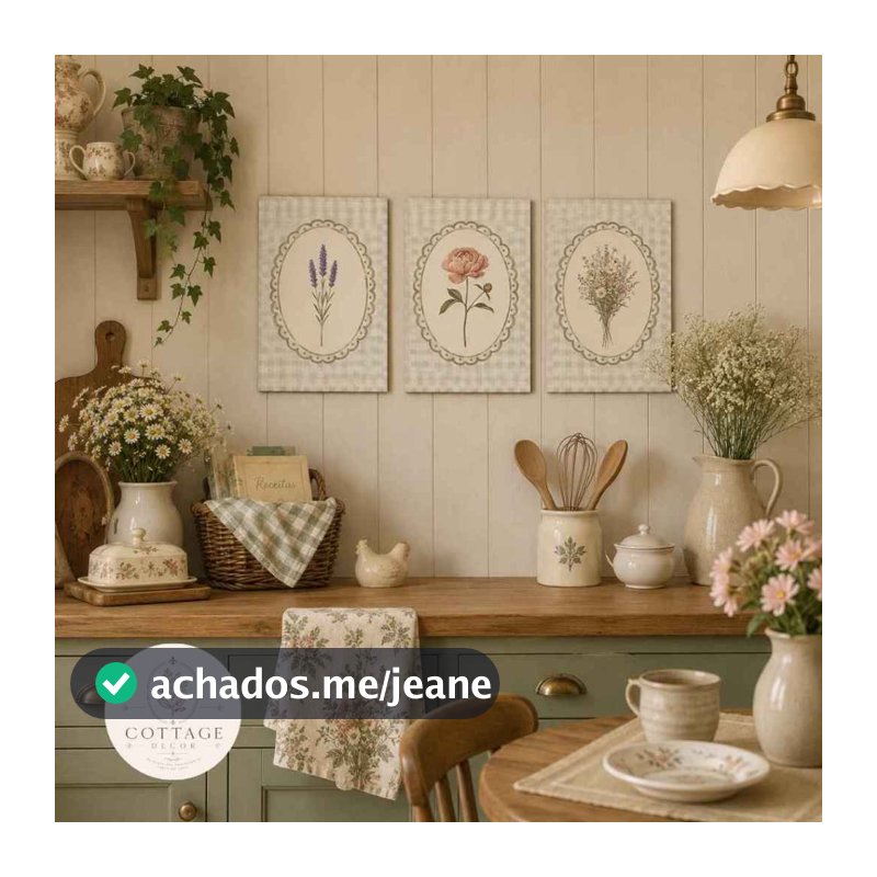 Kit 3 Placas Decorativas | Fundo para quadro | Floral Cottagecore Vintage – Sala Cozinha Quarto Loja