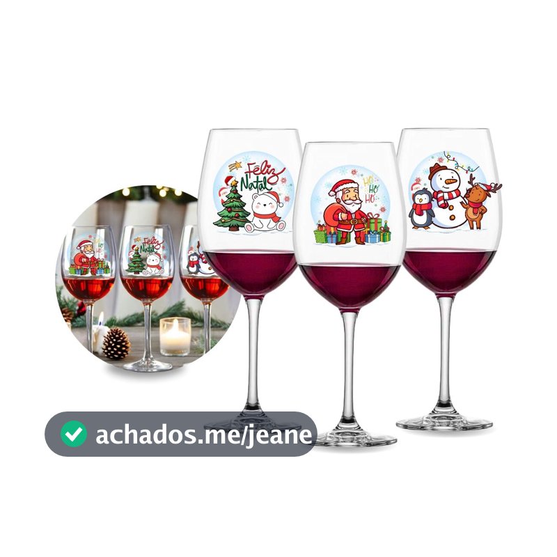 Jogo 3 Taças De Vinho Tinto Branco 465ml Vidro Estampada Árvore Natal Fim De Ano Boneco De Neve Luxo