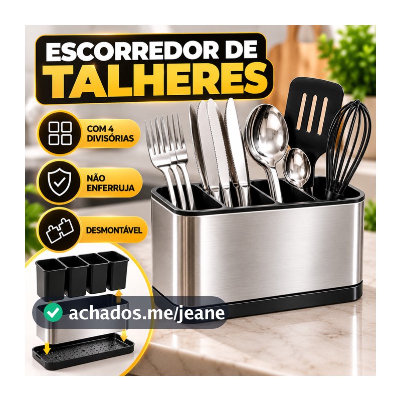 Porta Talheres Escorredor Organizador Pia Cozinha Suporte de Talher 4 Divisórias Vazado Plástico Preto e Aço Inox