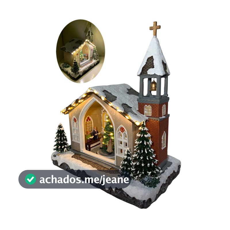 Vila Natalina Igreja Com Sino Crianças e Árvore Natal Luz Movimento