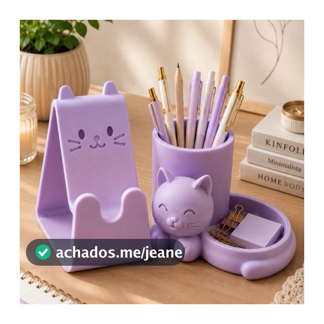 Kit Organizador Gatinho Porta Canetas + Suporte Celular Decorativo Premium