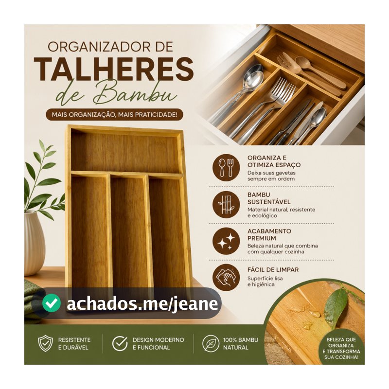 Porta Talheres Gaveta Organizador de Talheres de Bambu Retangular 4 Divisórias