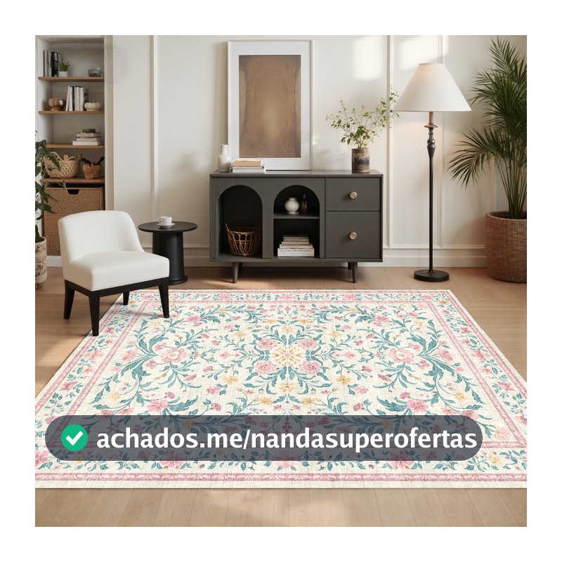 Tapete Sala Quarto 1,00x1,40 Floral Antiderrapante Lavável Macio Aveludado Estampado Decorativo Abelle Casa