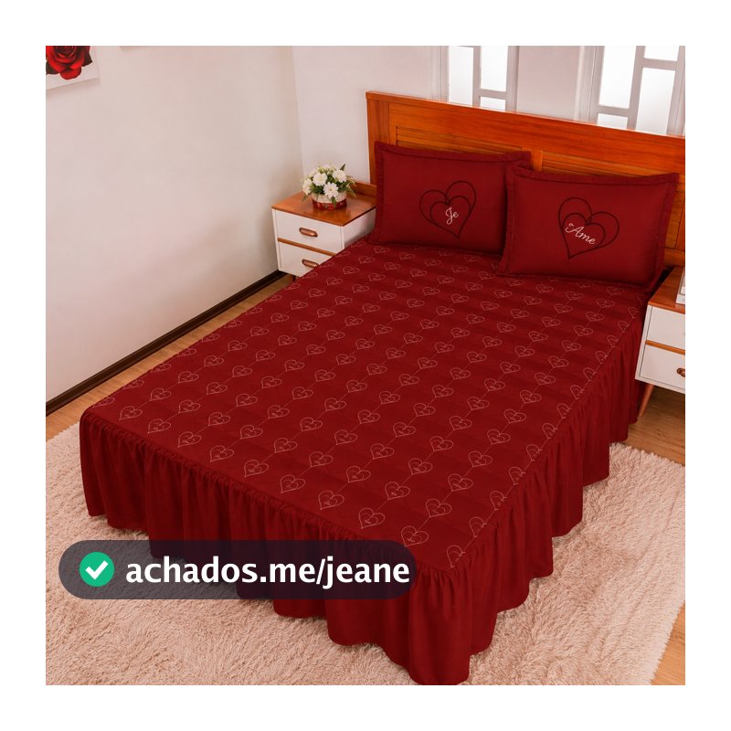 Kit Cobre Leito 3 Peças Casal Matelada Bordada Eu te Amo com Babado em Toda Volta Cores Variadas
