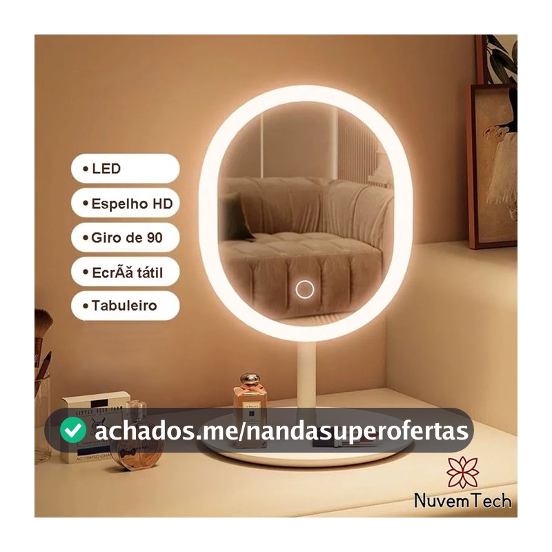 Espelho De Maquiagem Mesa Inteligente Com Luz LED USB Portátil Dobrável Ajustável Touch Oval