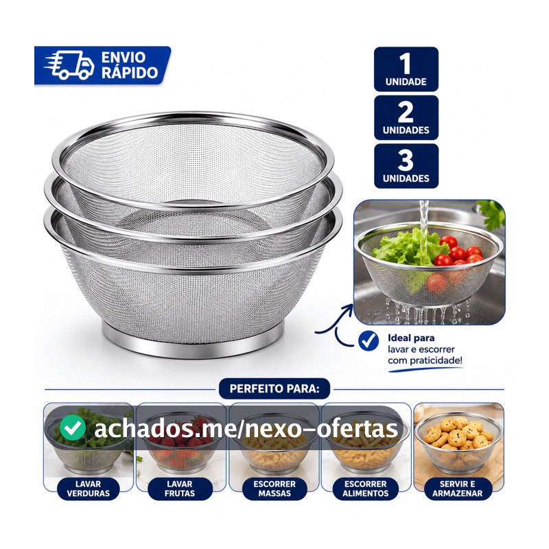 Cesto Escorredor Inox 25cm para Lavar Alimentos 1 2 3 Unidades